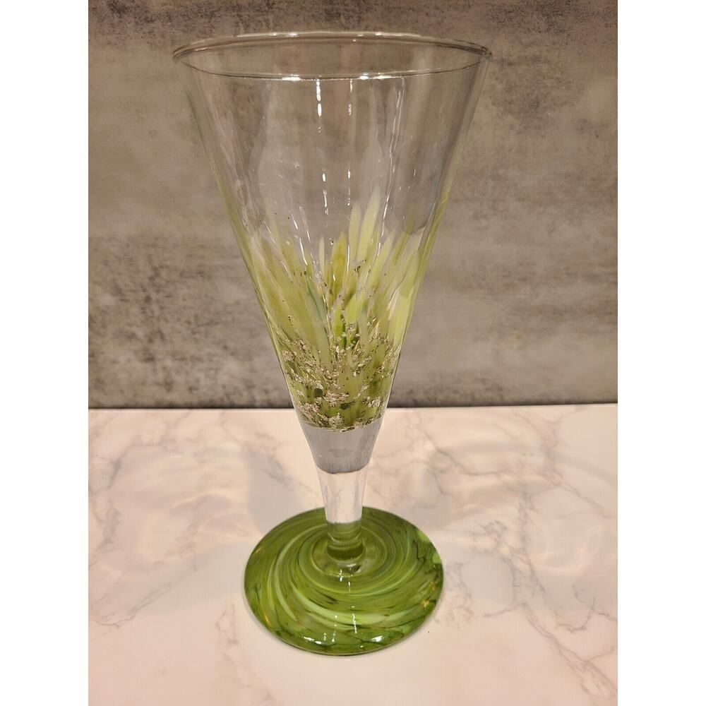 Julia Knight CONFETTI Italy Handblown Greens& Glitter Wine Glass 8½" Signed EUC